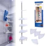 Organizator baie, raft de baie de tip "coltar" cu brat telescopic, cu 4 etajere si suport pentru prosop