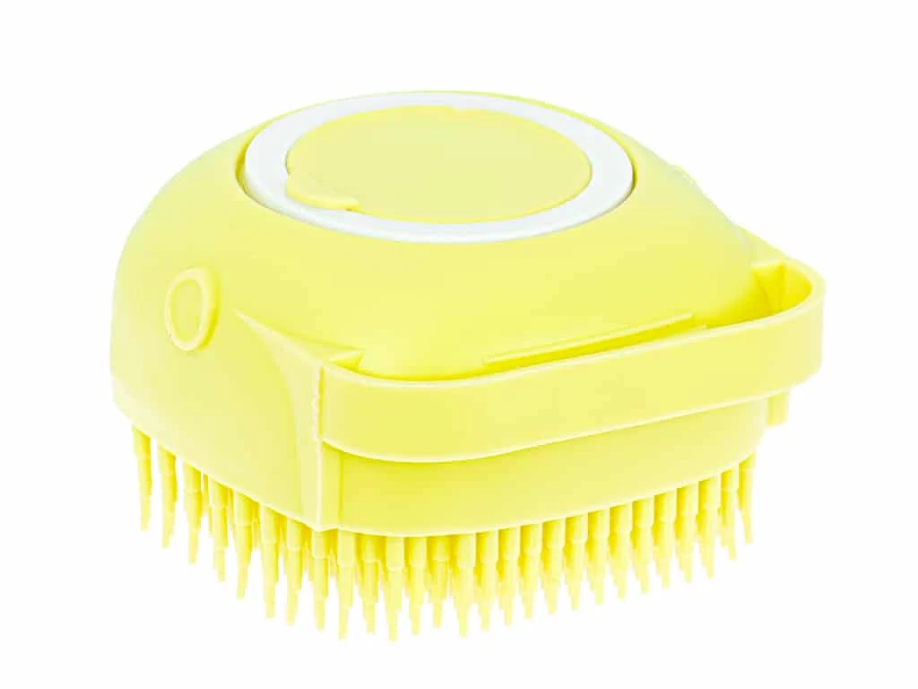 AVEX – Perie din silicon cu dozator de sampon pentru spalare caini sau pisici, 7,5 x 7,5 cm, culoare galben