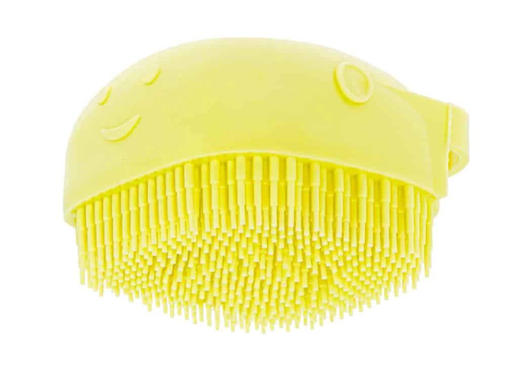 AVEX – Perie din silicon cu dozator de sampon pentru spalare caini sau pisici, 7,5 x 7,5 cm, culoare galben