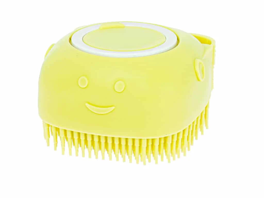 AVEX – Perie din silicon cu dozator de sampon pentru spalare caini sau pisici, 7,5 x 7,5 cm, culoare galben