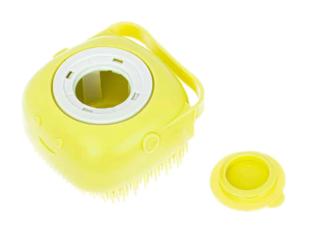 AVEX – Perie din silicon cu dozator de sampon pentru spalare caini sau pisici, 7,5 x 7,5 cm, culoare galben