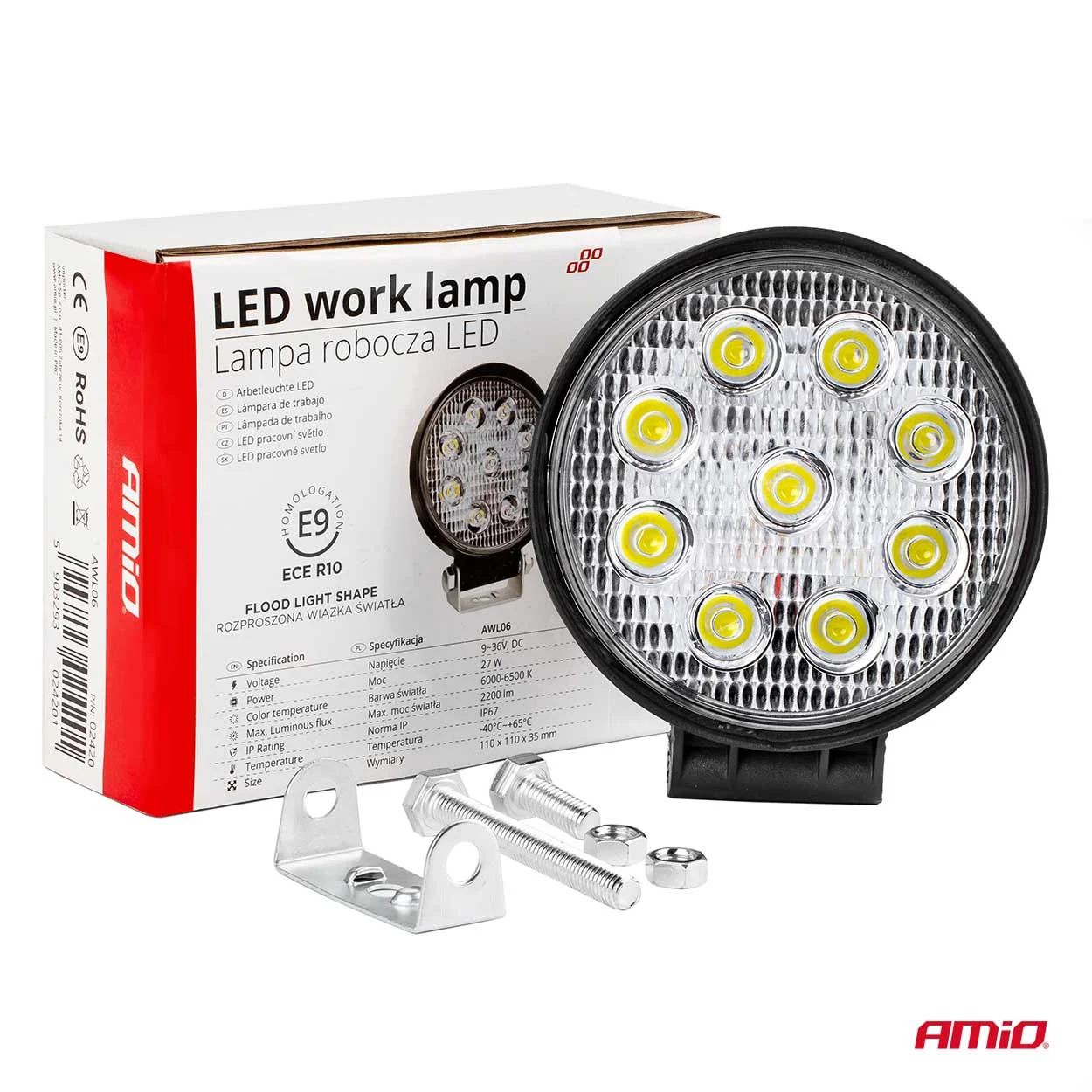AMIO – Proiector LED pentru Off Road, ATV, SSV, culoare 6500K, LED FLOOD, 27W, tensiune 9 36V, diametru Ø110 mm