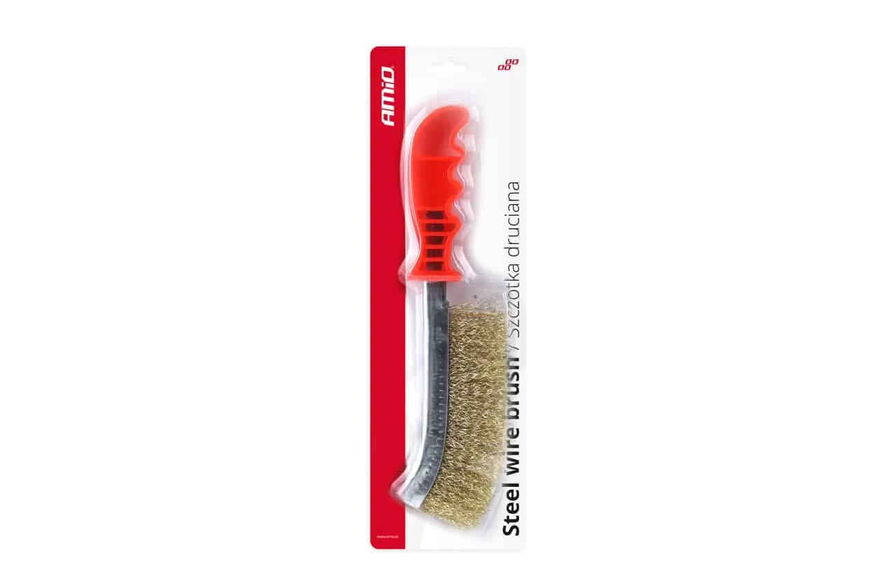 AMIO – Perie de sarma cu peri sertizati, placati cu alama si maner din platic, lungime totala 25,5 cm