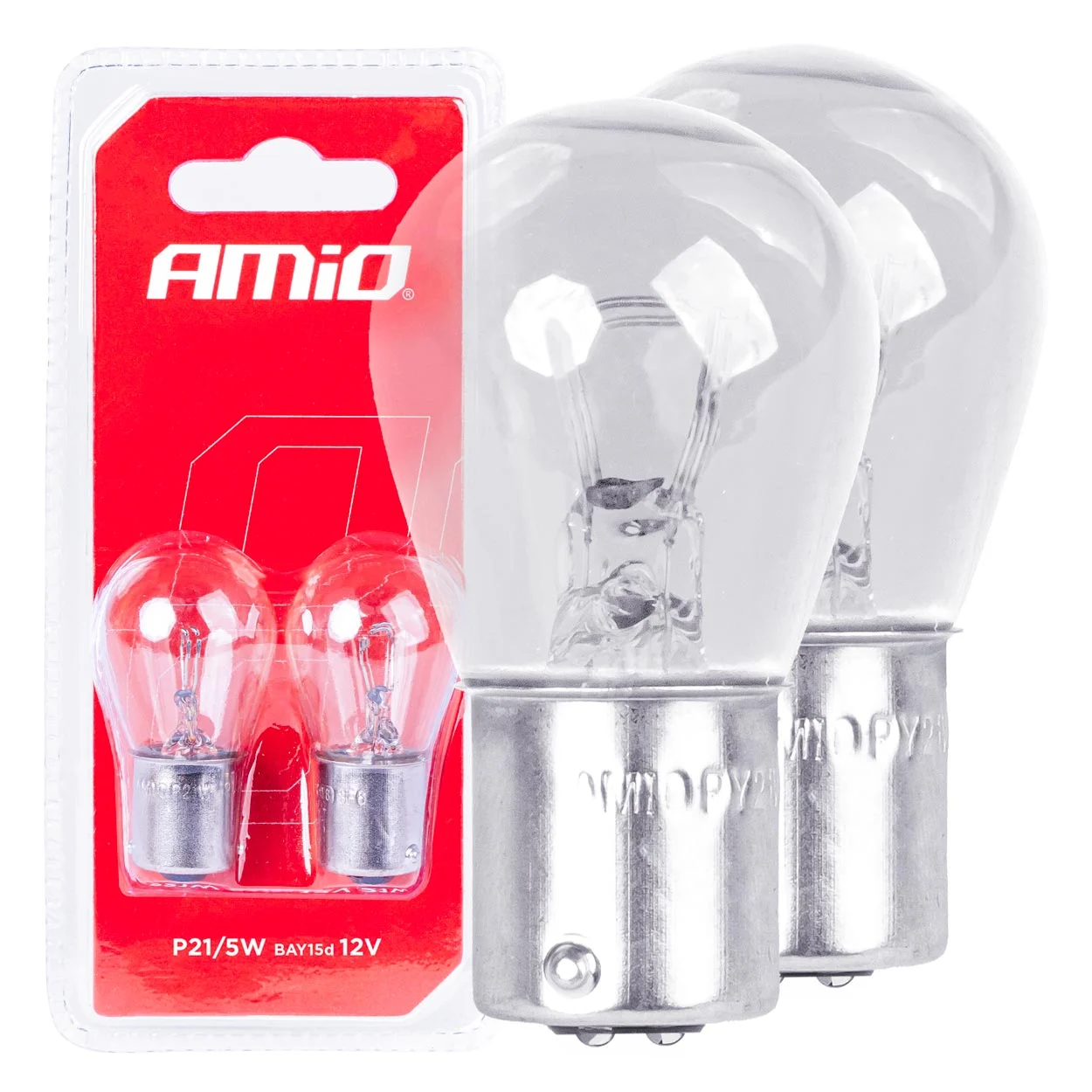 AMIO – Set 2 becuri cu halogen, soclu P21, 5W, BAY15D, alimentare 12V