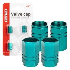 AMIO – Set 4 capacele auto pentru ventil, din aluminiu, model Hexagon, culoare Verde