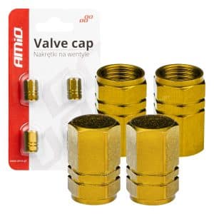 AMIO – Set 4 capacele auto pentru ventil, din aluminiu, model Hexagon, culoare Galben