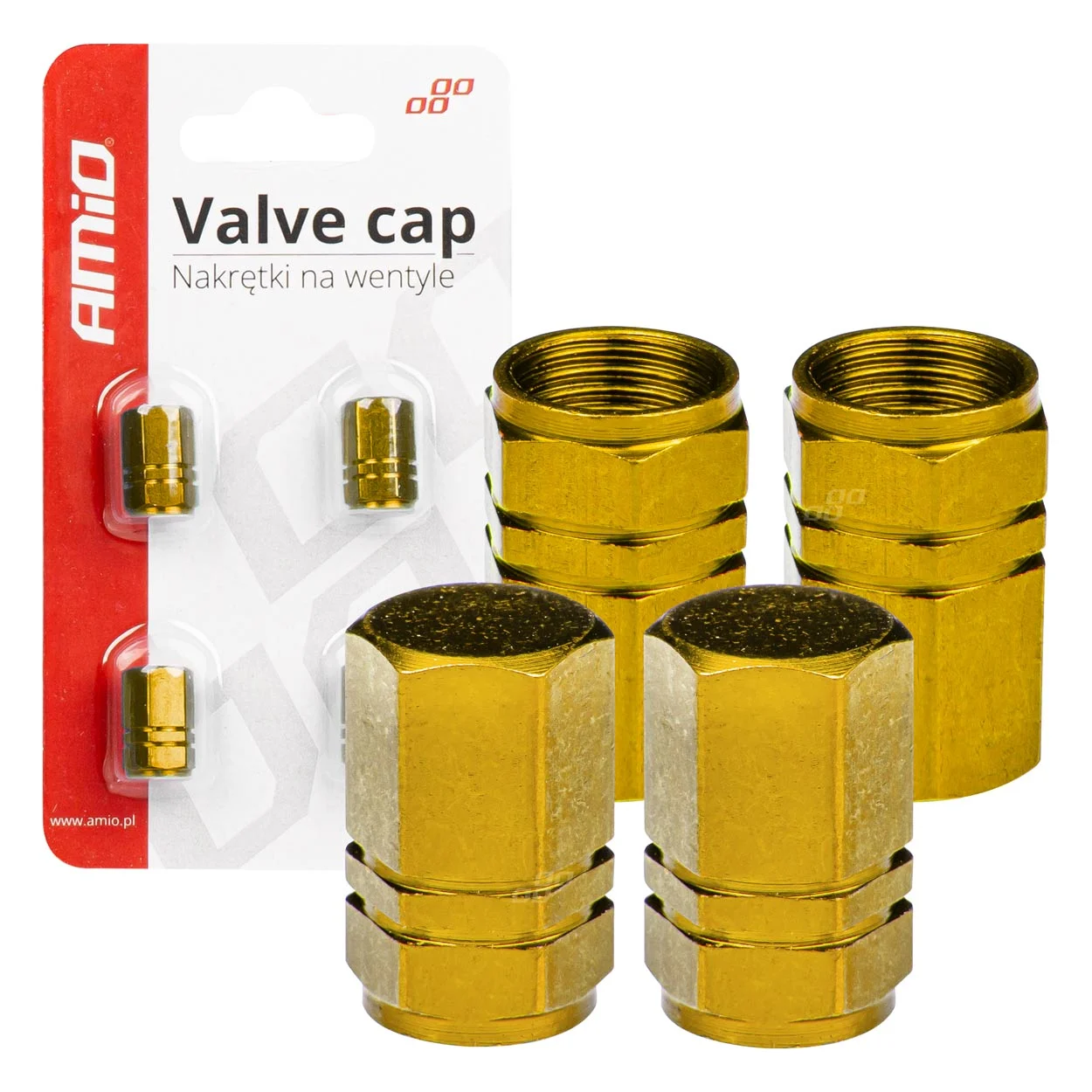 AMIO – Set 4 capacele auto pentru ventil, din aluminiu, model Hexagon, culoare Galben