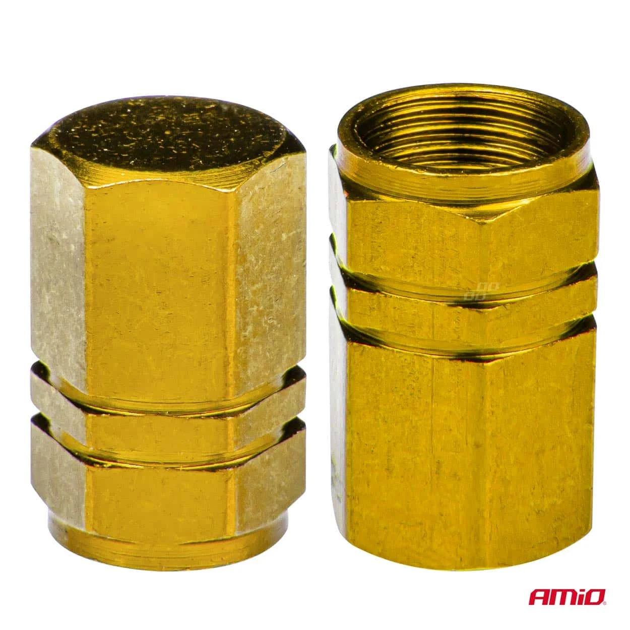 AMIO – Set 4 capacele auto pentru ventil, din aluminiu, model Hexagon, culoare Galben