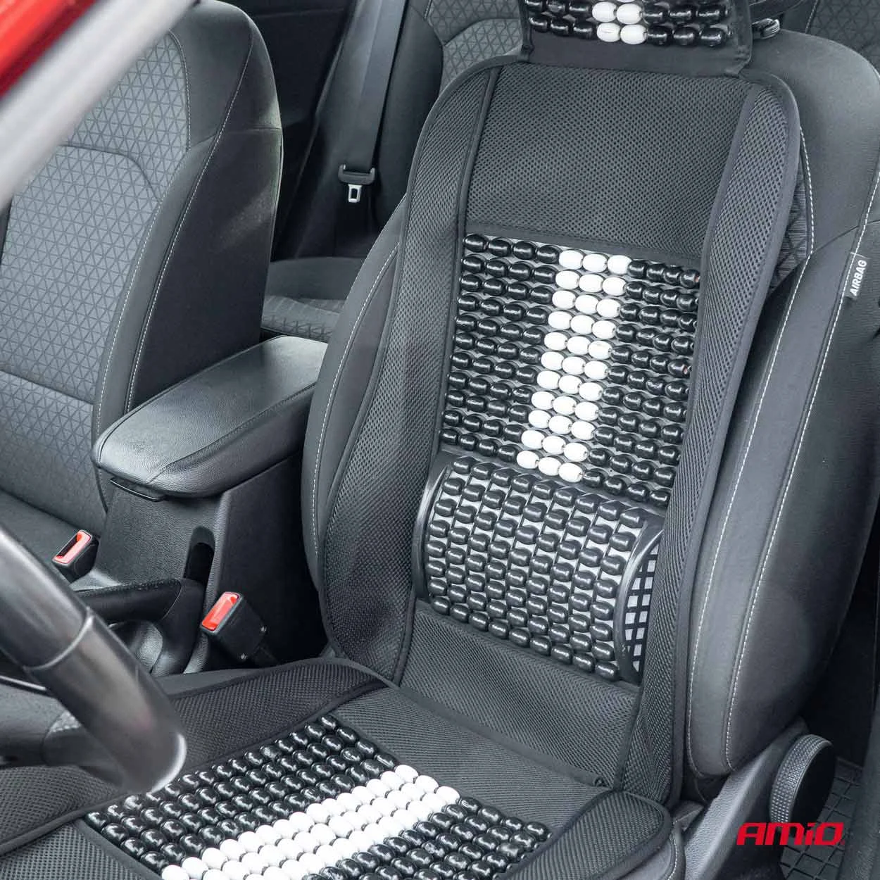 AMIO – Husa scaun auto cu bile de masaj, suport lombar si tetiera, dimensiuni 131 x 46 cm, culoare Neagra