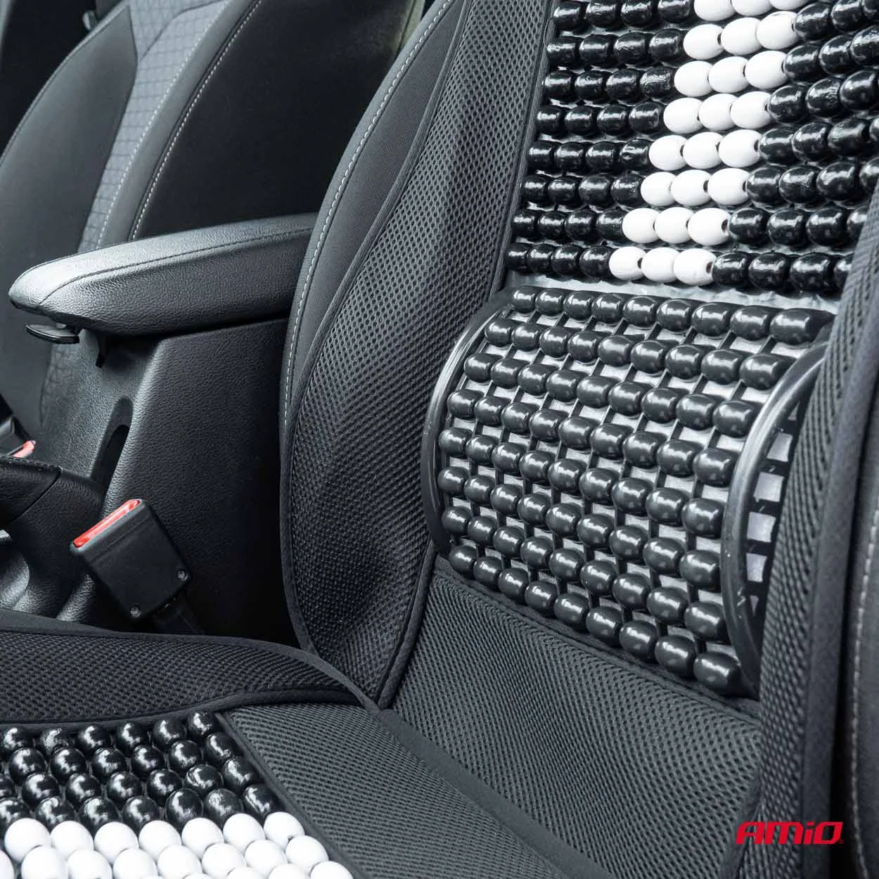 AMIO – Husa scaun auto cu bile de masaj, suport lombar si tetiera, dimensiuni 131 x 46 cm, culoare Neagra