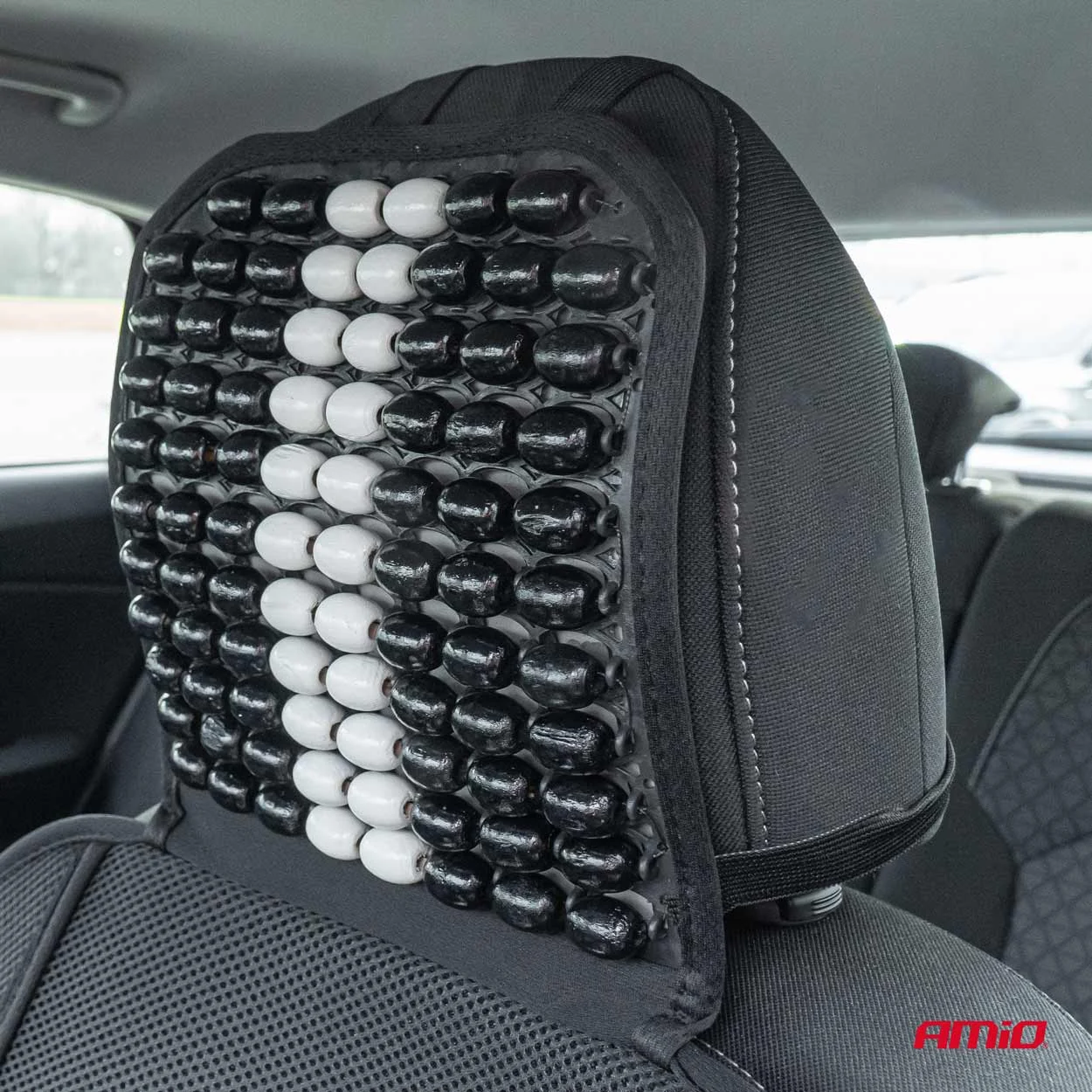 AMIO – Husa scaun auto cu bile de masaj, suport lombar si tetiera, dimensiuni 131 x 46 cm, culoare Neagra