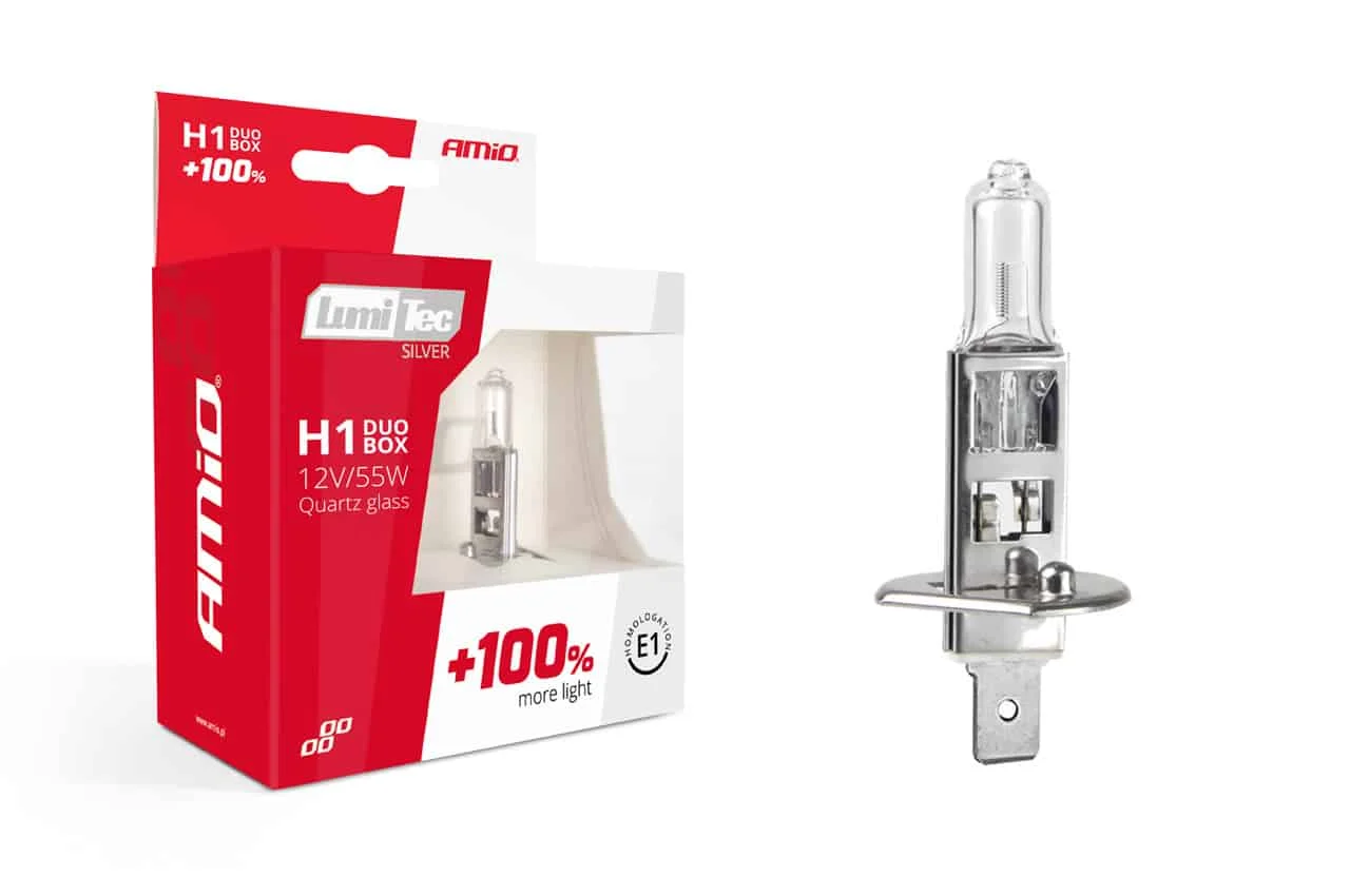 AMIO – Set becuri cu halogen H1 12V 55W LumiTec SILVER + 100% DUO BOX