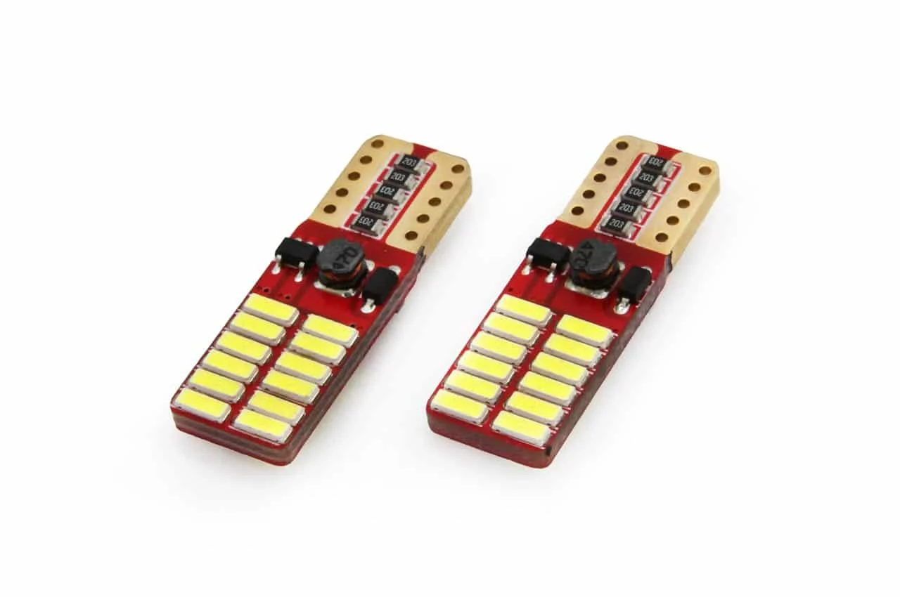 AMIO – Set becuri auto cu LED CANBUS compatibil T10e W5W 24 SMD Alb 12V/24V, destinat competitiilor auto sau off road