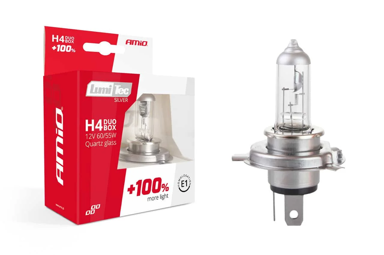 AMIO – Set becuri cu halogen H4 12V 60 / 55W LumiTec SILVER + 100% DUO BOX