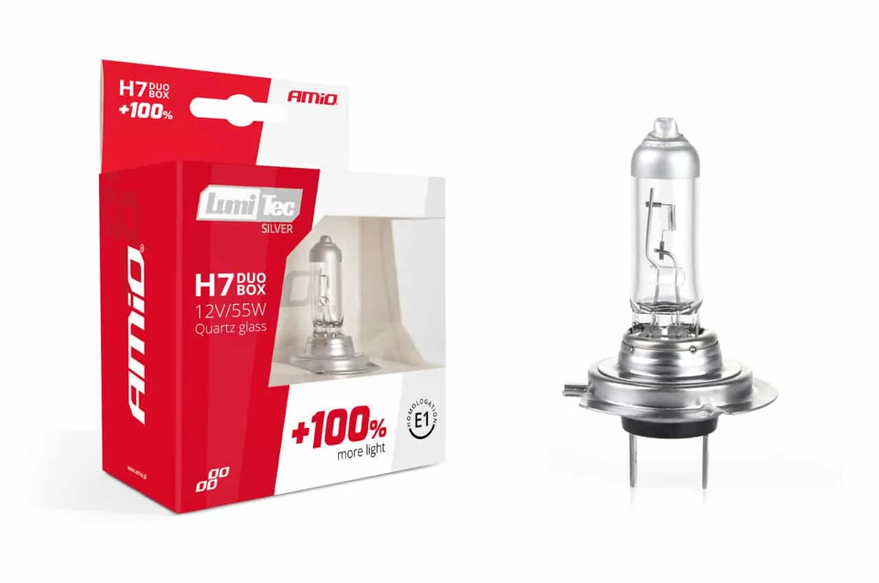 AMIO – Set becuri cu halogen H7 12V 55W LumiTec SILVER + 100% DUO BOX