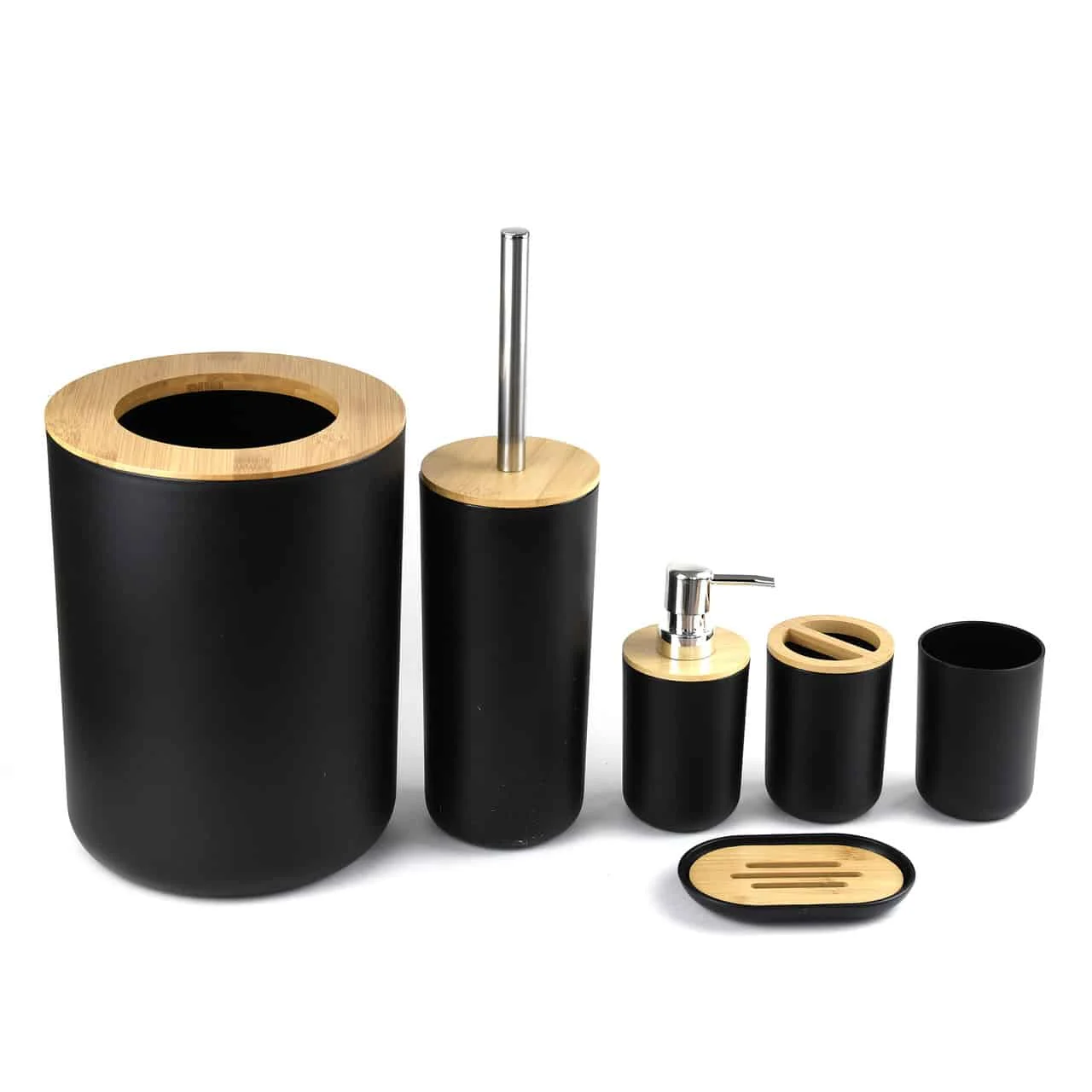AVEX – Set Elegant pentru baie format din 6 piese, ABS + lemn, culoare negru/maro