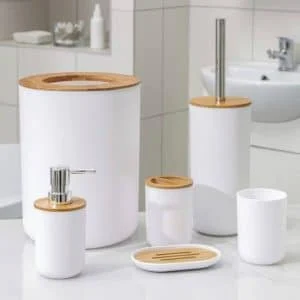 AVEX – Set Elegant pentru baie format din 6 piese, ABS + lemn, culoare alb/maro