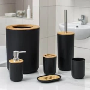 AVEX – Set Elegant pentru baie format din 6 piese, ABS + lemn, culoare negru/maro