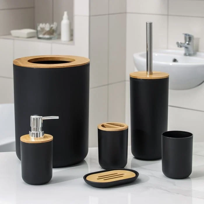 AVEX – Set Elegant pentru baie format din 6 piese, ABS + lemn, culoare negru/maro