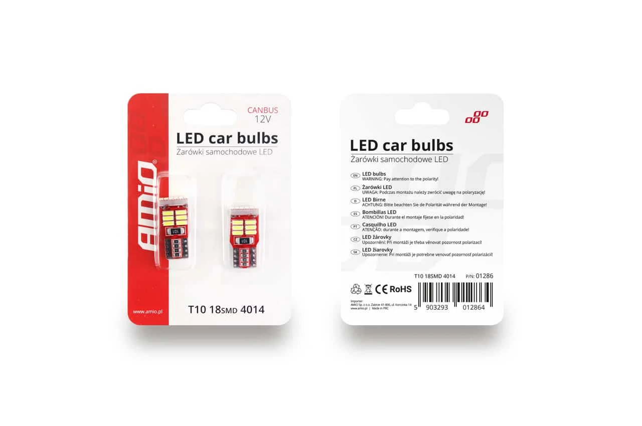 AMIO – Set becuri auto cu LED CANBUS compatibil T10e W5W 18 SMD Alb 12V, destinat competitiilor auto sau off road