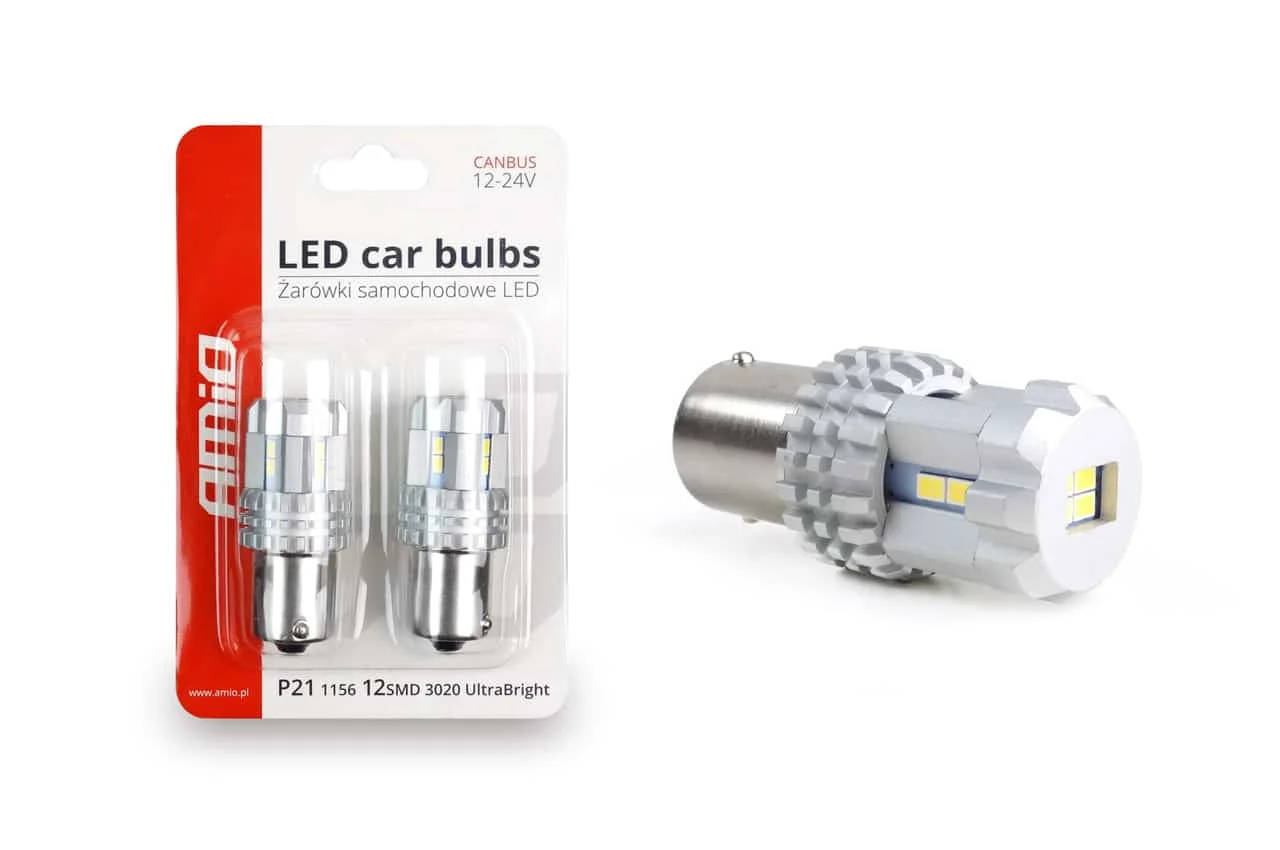 AMIO – Set becuri auto cu LED CANBUS compatibil P21 R5W/R10W 22 SMD Alb 12V/24V, destinat competitiilor auto sau off road