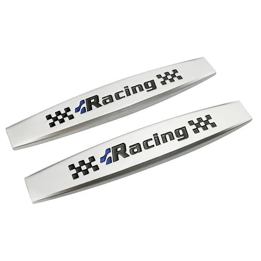 AVEX – Set 2 x Embleme auto metalice, autoadezive, model "RACING", finisaj Crom, dimensiune, 10 x 1,5 cm