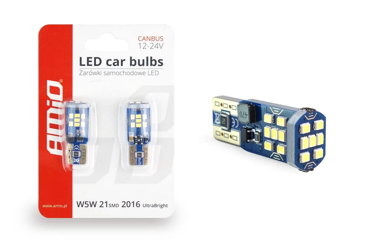 AMIO – Set becuri auto cu LED CANBUS UltraBright compatibil T10 W5W 21 SMD Alb 12V/24V, destinat competitiilor auto sau off road