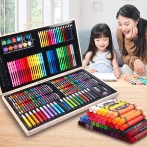 AVEX – Set 180 piese pentru desen pentru copii sau adulti, creioane colorate, vopsele si markere, cu geanta de transport din LEMN…