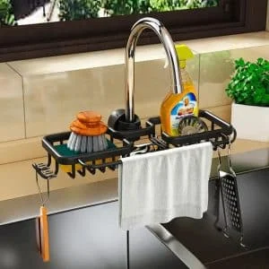 AVEX – Raft organizator dublu, universal pentru bucatarie sau baie, montaj pe robinet, material otel, culoare Neagra