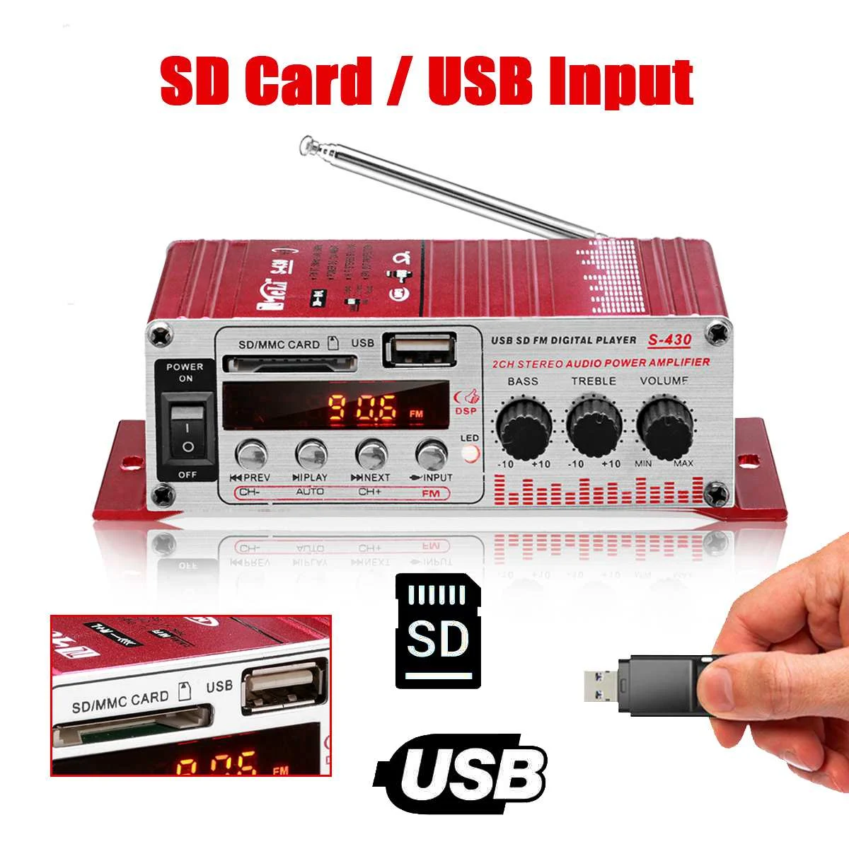 AVEX – MINI amplificator auto, stereo, 12V, 40 W, radio FM, citire USB sau card SD, cu telecomanda