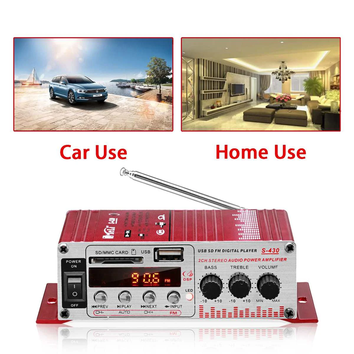 AVEX – MINI amplificator auto, stereo, 12V, 40 W, radio FM, citire USB sau card SD, cu telecomanda