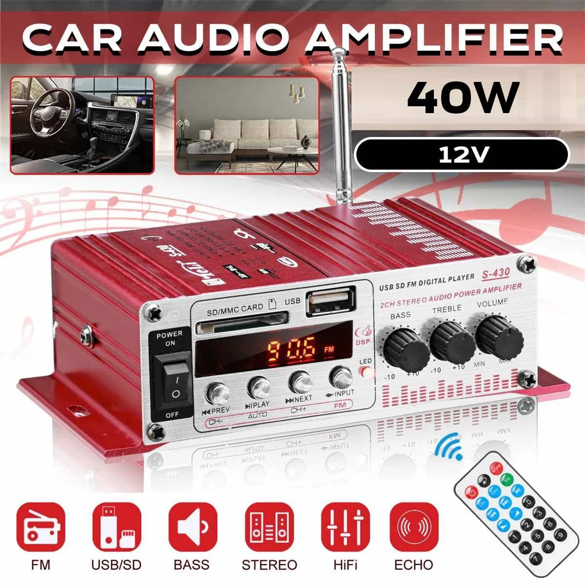 AVEX – MINI amplificator auto, stereo, 12V, 40 W, radio FM, citire USB sau card SD, cu telecomanda