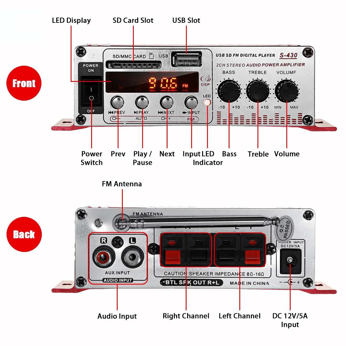 AVEX – MINI amplificator auto, stereo, 12V, 40 W, radio FM, citire USB sau card SD, cu telecomanda