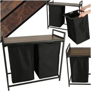 AVEX – Cos mare de rufe cu doua compartimente, cu raft si blat din lemn, model LOFT, culoare neagra