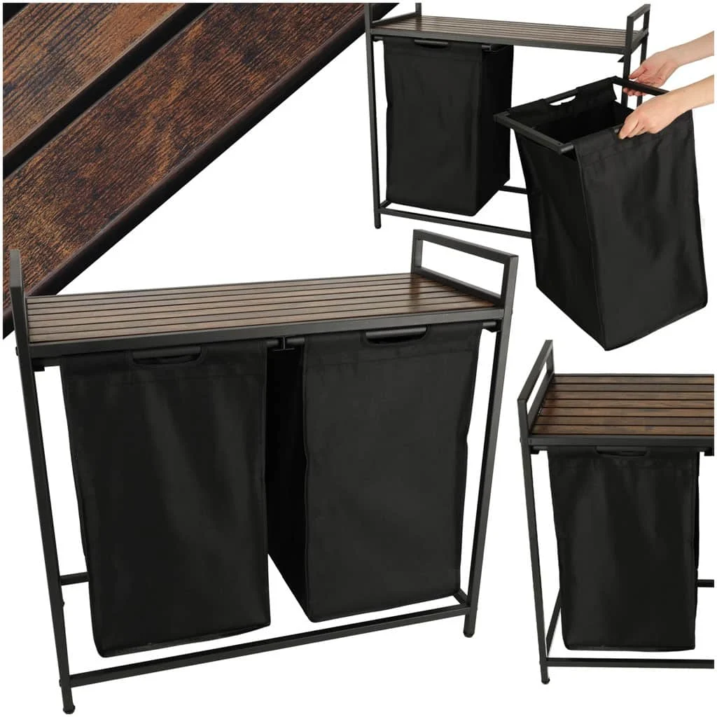 AVEX – Cos mare de rufe cu doua compartimente, cu raft si blat din lemn, model LOFT, culoare neagra