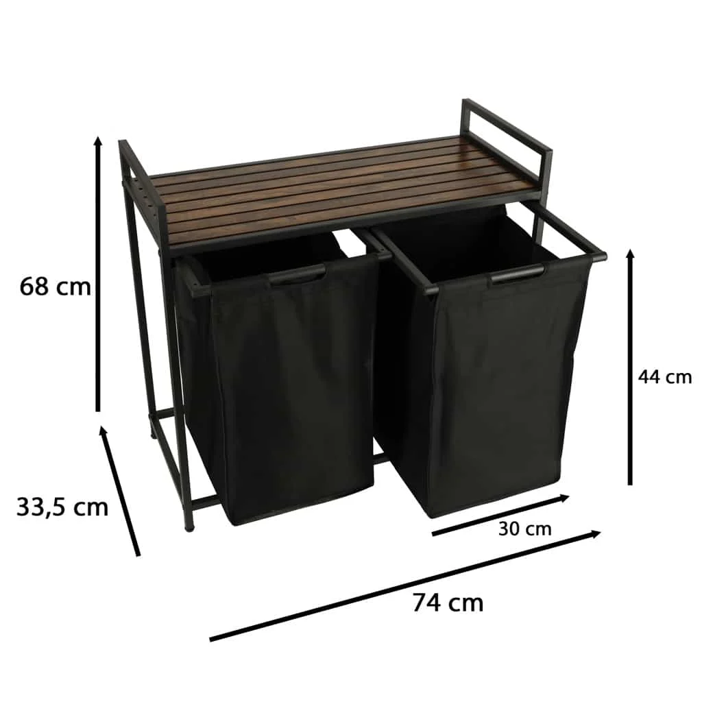 AVEX – Cos mare de rufe cu doua compartimente, cu raft si blat din lemn, model LOFT, culoare neagra