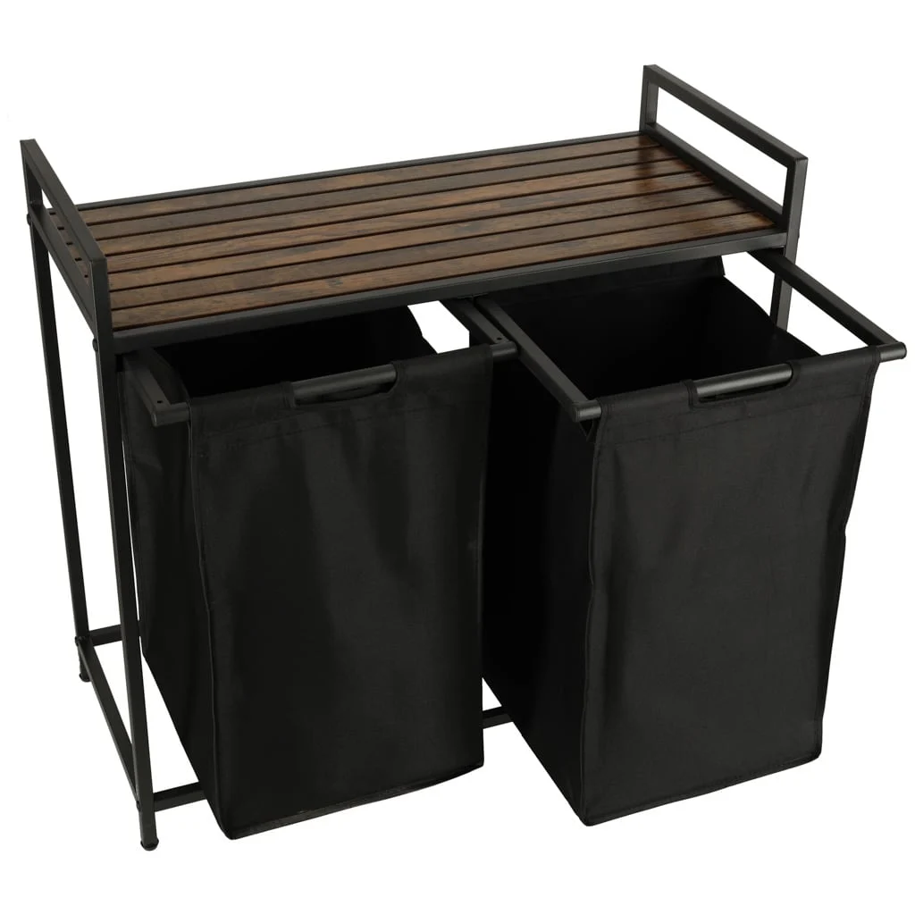 AVEX – Cos mare de rufe cu doua compartimente, cu raft si blat din lemn, model LOFT, culoare neagra