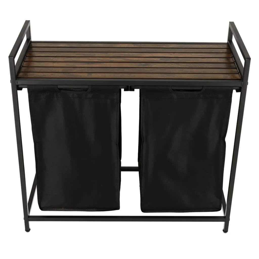 AVEX – Cos mare de rufe cu doua compartimente, cu raft si blat din lemn, model LOFT, culoare neagra