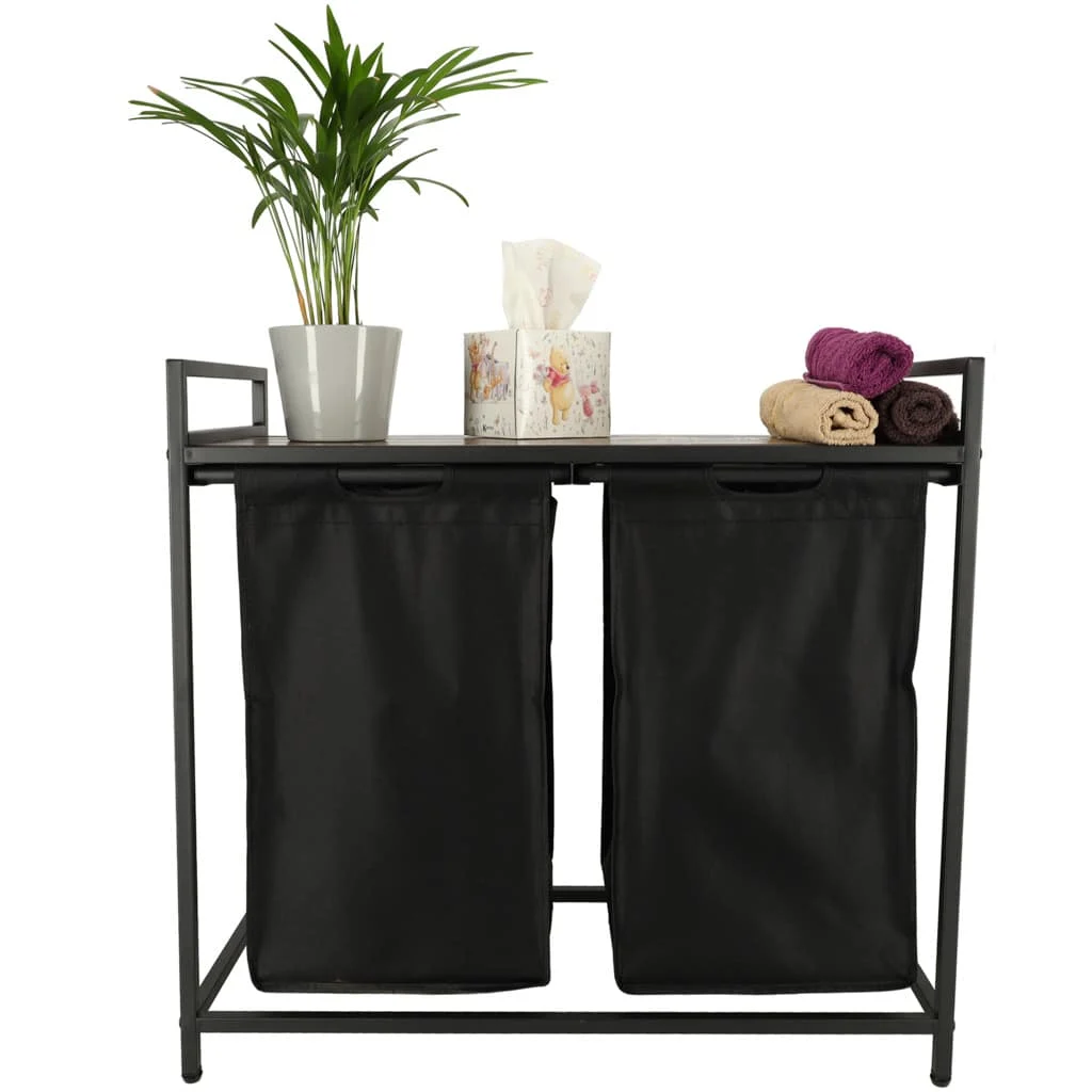 AVEX – Cos mare de rufe cu doua compartimente, cu raft si blat din lemn, model LOFT, culoare neagra