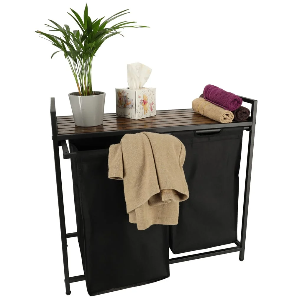 AVEX – Cos mare de rufe cu doua compartimente, cu raft si blat din lemn, model LOFT, culoare neagra