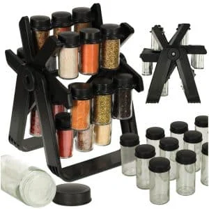 AVEX – Organizator de condimente cu 18 containere cu suport rotativ pentru bucatarie, culoare neagra