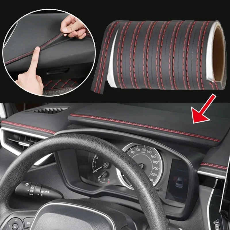 AVEX – Banda decorativa pentru interiorul vehiculului, lungime 2m, din piele ecologica, culoare Neagra + cusatura Rosie