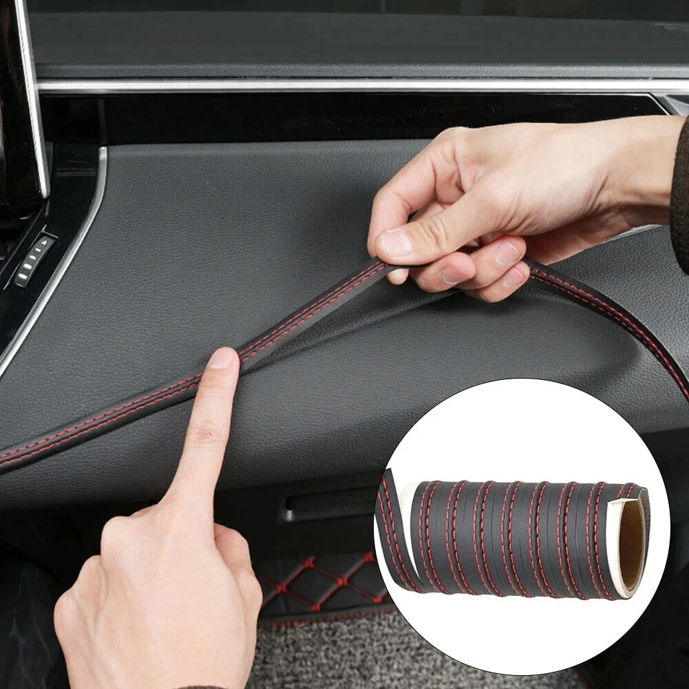 AVEX – Banda decorativa pentru interiorul vehiculului, lungime 2m, din piele ecologica, culoare Neagra + cusatura Rosie