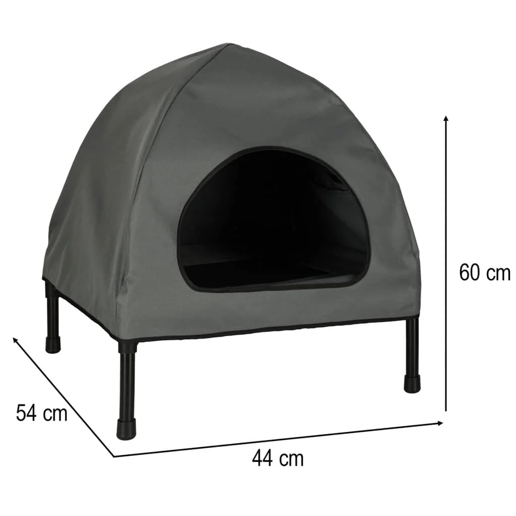 Pat de tip Cusca pentru caini si pisici cu acoperis detasabil, cadru metalic negru si panza gri, dimensiune 60 x 54 x 44 cm