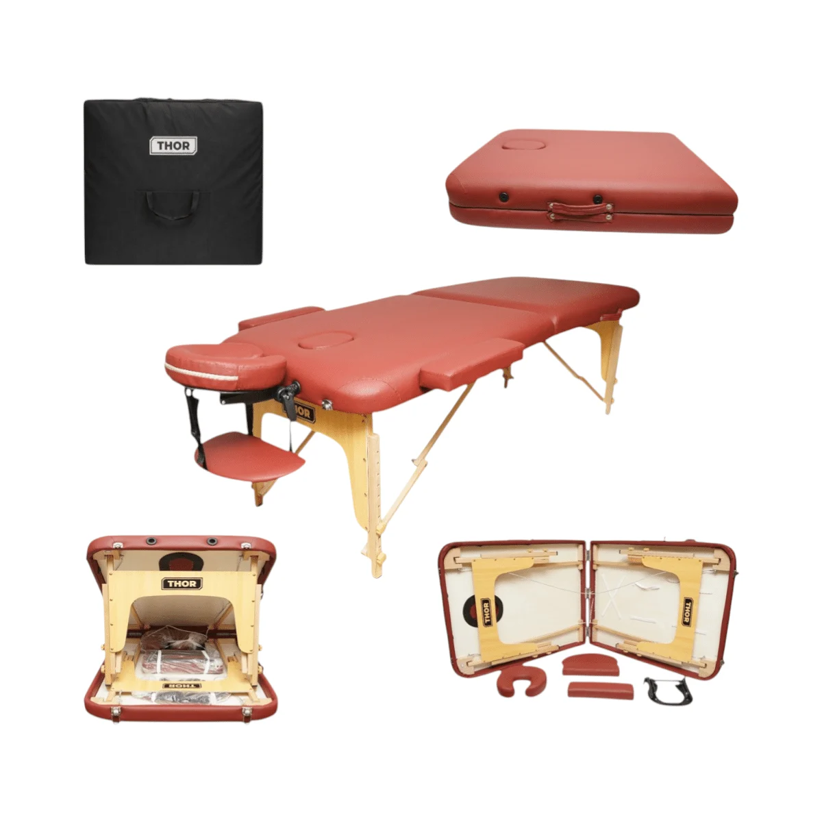 Masa de masaj pliabila, 2 zone, cadru lemn, spuma 5cm, inaltime 55 76cm, piele ecologica, dimensiuni 60x213cm, culoare Burgundy