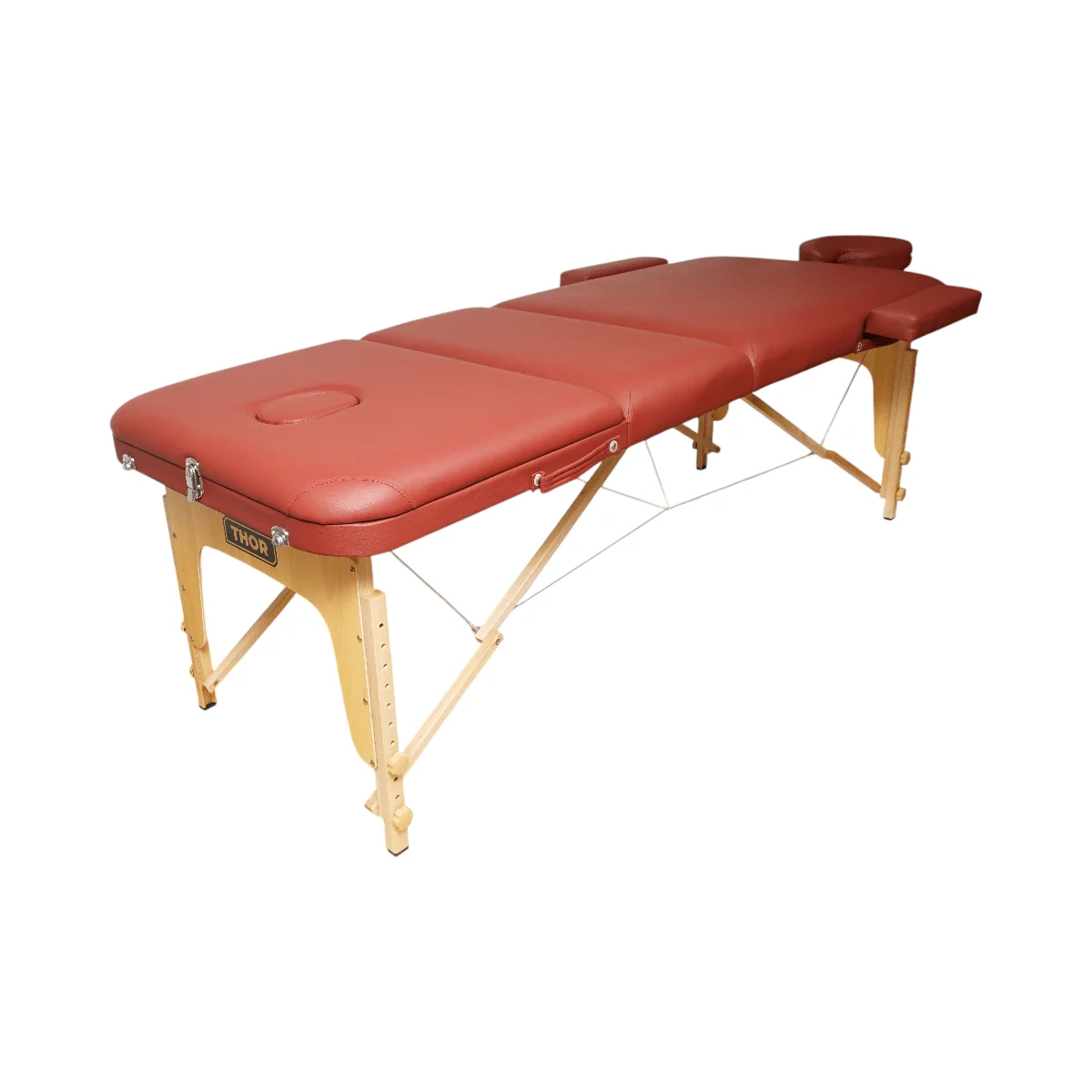 Masa de masaj pliabila, 3 zone, cadru lemn, spuma 5cm, inaltime 55 76cm, piele ecologica, dimensiuni 60x213cm, culoare Burgundy