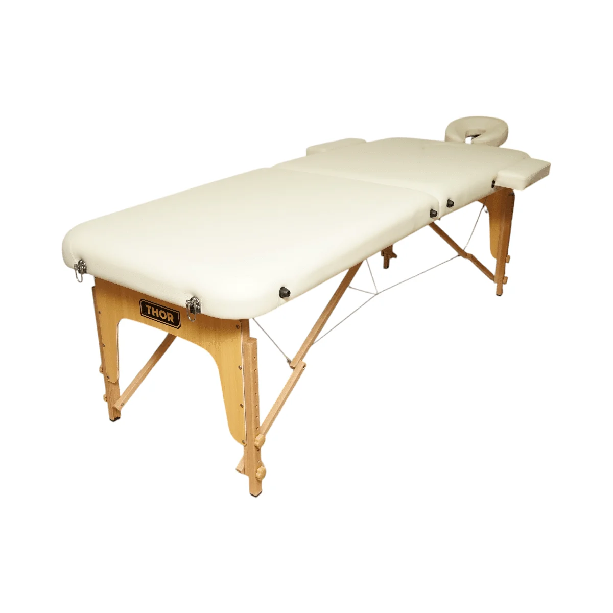 Masa de masaj pliabila, 2 zone, cadru lemn, spuma 5cm, inaltime 55 76cm, piele ecologica, dimensiuni 60x213cm, culoare Crem