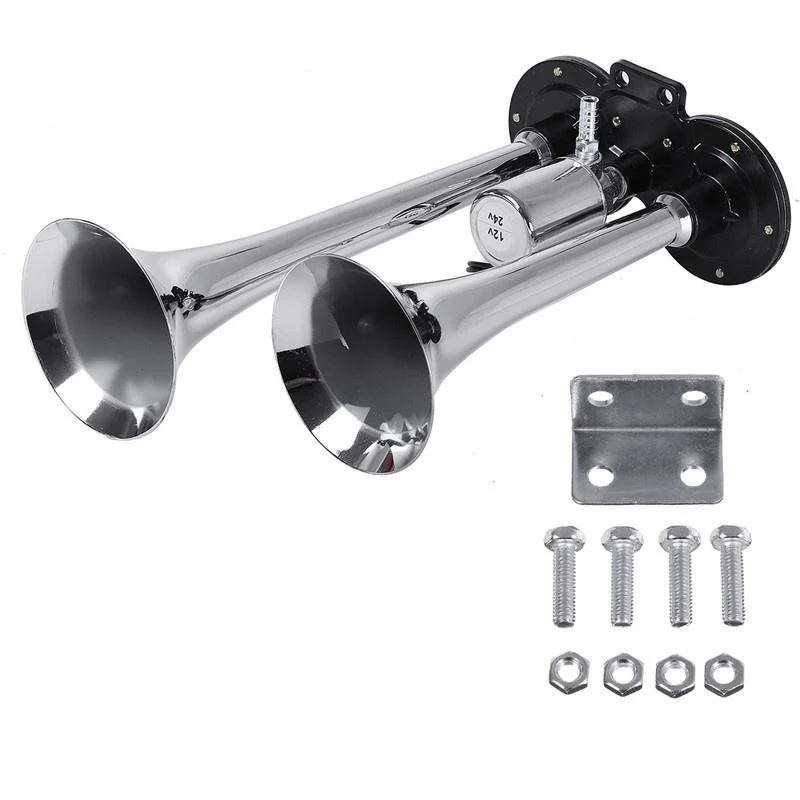 Claxon bitonal cu 2 goarne, alimentare 12/24V pentru vehiculele dotate cu compresor de aer, culoare Crom/Negru