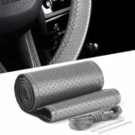 Husa volan din PIELE GRI + ATA GRI, diametru 37 - 39 cm (se coase, aspect ORIGINAL)
