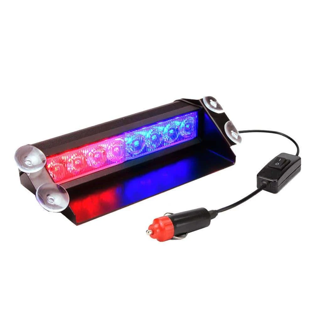Lampa stroboscopica pentru parbriz. montaj cu ventuze, culori Rosu Albastru, putere 8W, alimentare 12V
